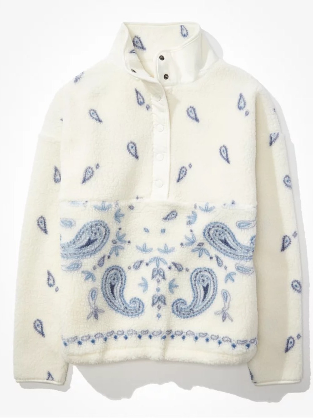 AE Cozy Fleece Paisley Bandana Quarter Snap Pullover Cream Blue